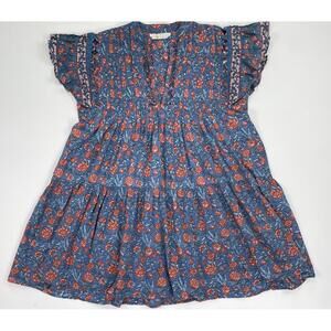 Bindu Floral Block Print Ruffle Sleeve Paola Mini Dress Boho Medium